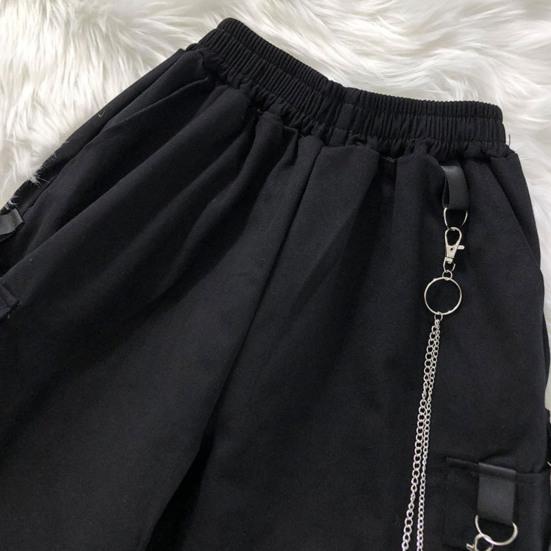 Mid-Rise Elastic Waistband Multi Pockets Chain Strap Decor Men Shorts Outdoor Fitness Cargo Short Pants