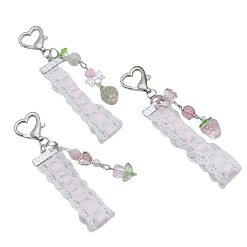 Strawberry Beaded Phone Accessory Unique Pink Lace Ribbon Beaded Phone Tassels with Strawberry and Pendant