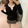 Korean Style Ins Contrasting Color Splicing Fake Two-piece Long-sleeved Tops for Women New Niche Autumn and Winter Knitted Bottoming Sweaters