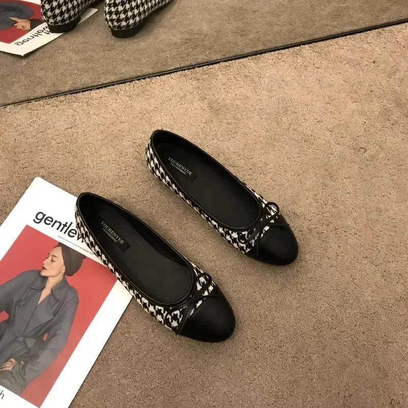 Módní kostkované dámské ploché boty Dámské nazouvací mokasíny Elegantní ploché boty s mašlí Mateřské ploché boty Zapatos De Mujer Velká velikost