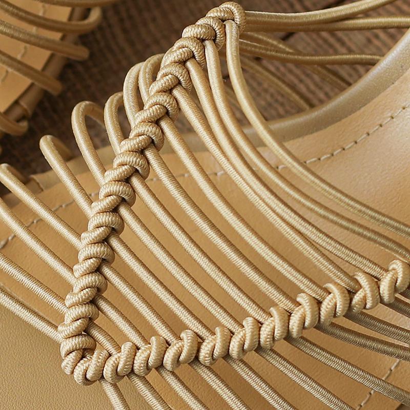 Fashion Women's New Summer Square Head Knitted Open Toe Leather Sheepskin High Heel Large Size Slippers