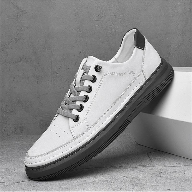Outdoor Men's Sneakers Comfortable Leather Men's Platform Shoes Casual Lace-up Vulcanized Shoes Black White Walking Shoes