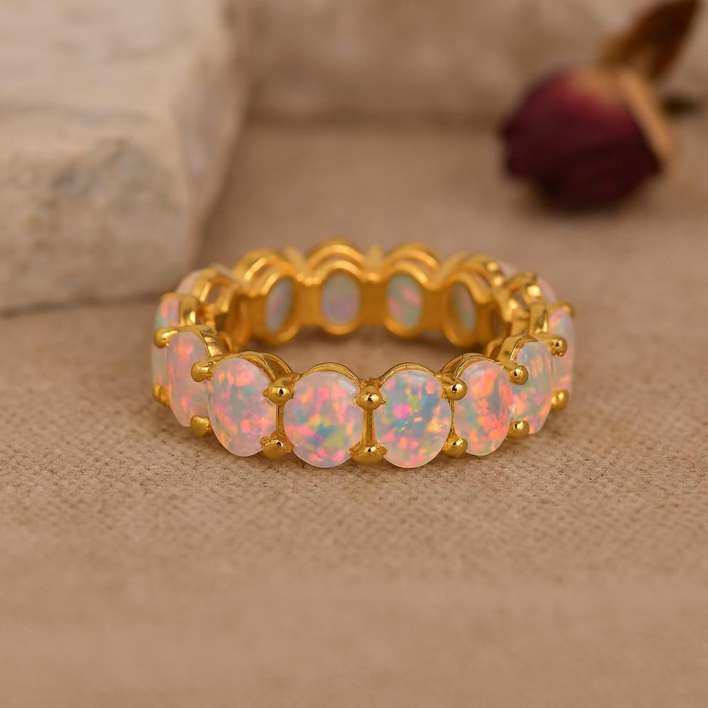 Pink & White Opal Engagement Band – Dainty Minimalist Art Deco Wedding Band | October Birthstone Promise Ring Gift for Her