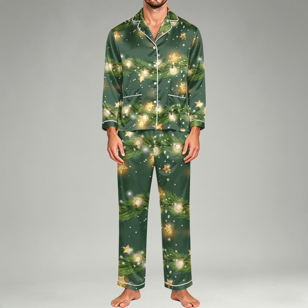 Herren Langarm Button-Down Pyjama-Set mit Hose, 2-teilige Loungewear Nachtwäsche