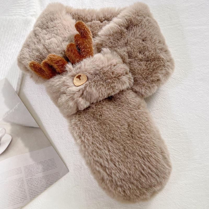 

Women s Winter Reindeer Plush Snood Scarf, Faux Rex Rabbit Fur, Christmas and New Year Gift