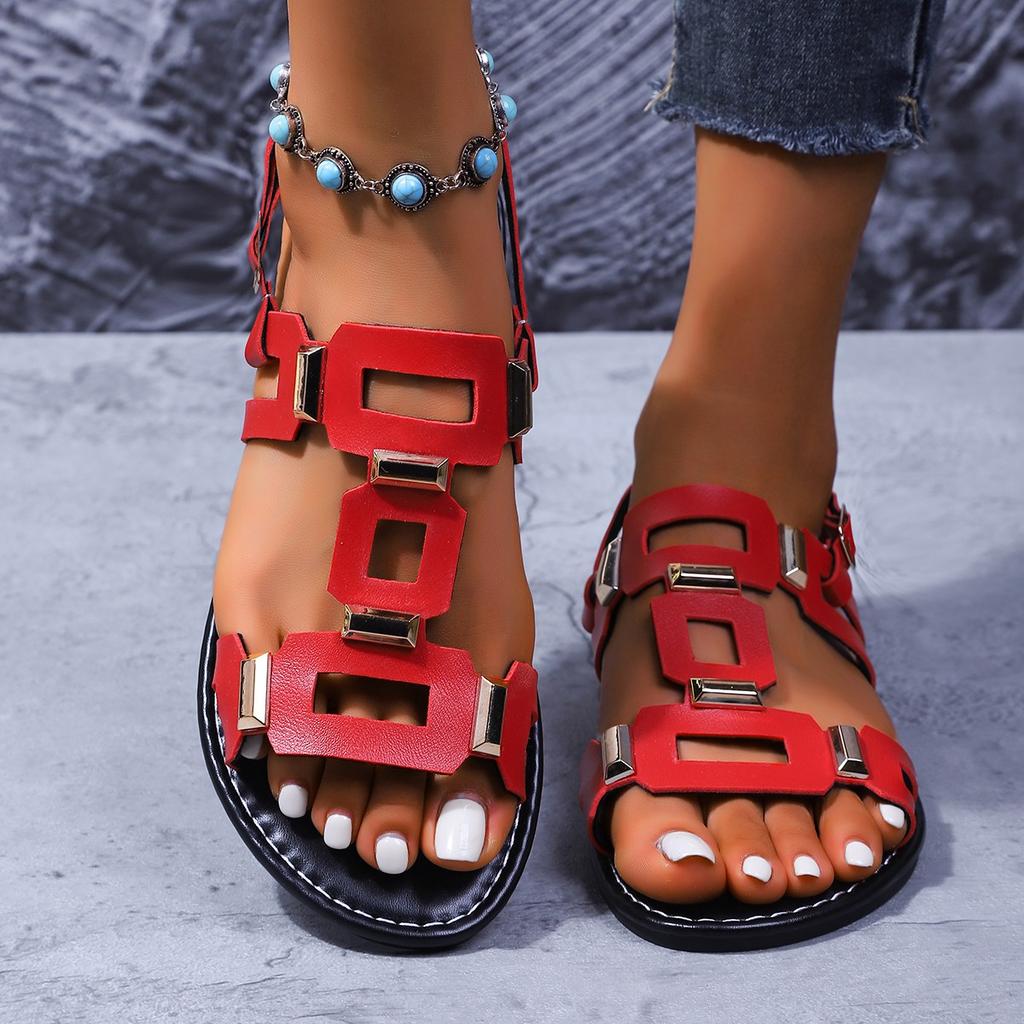 Fashion 2025 Round Headed Ladies Sandals Flat Casual Beach Shoes Women Comfortable Footwear Metal Decoration Women Fashion Sandals