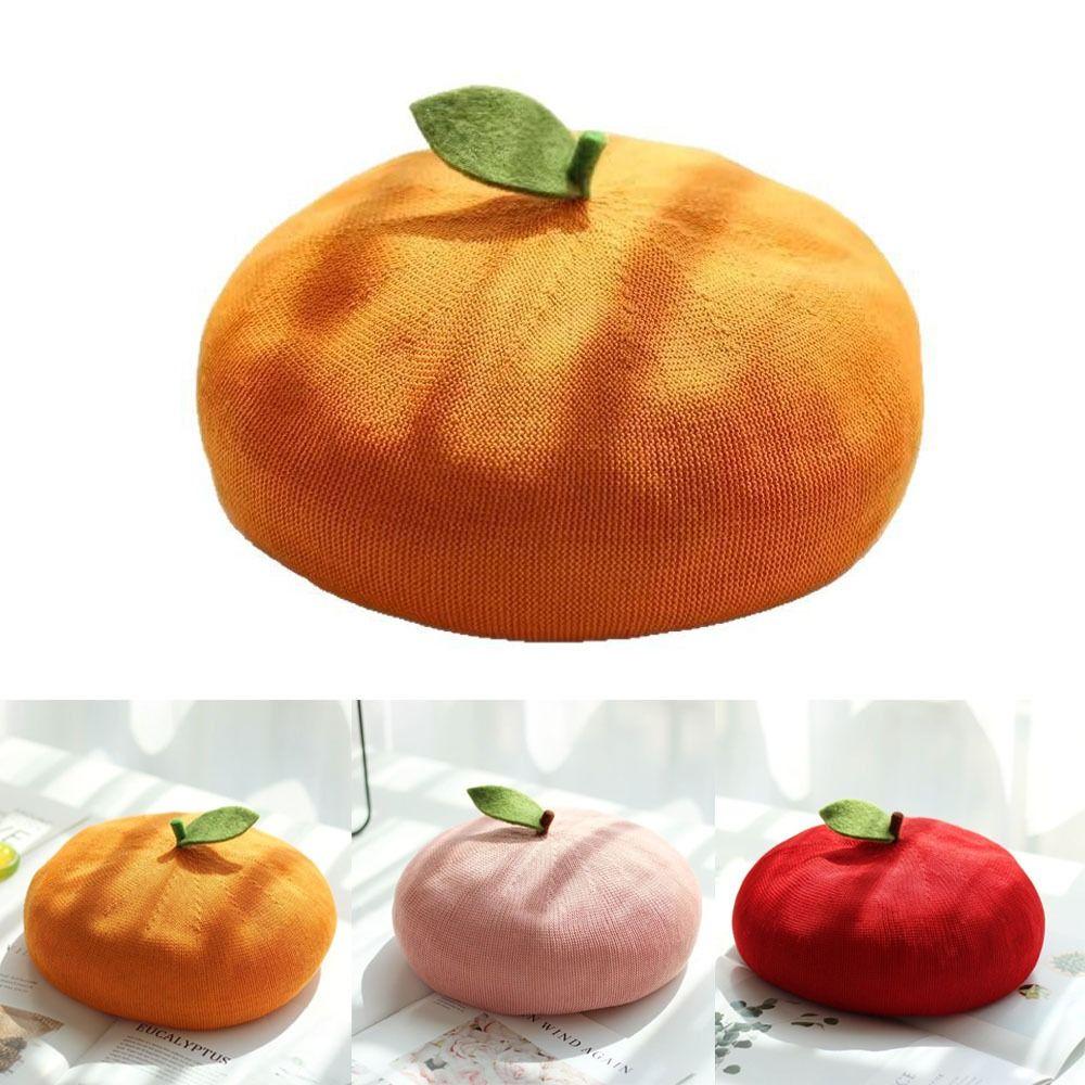 Red Apple Painter Hat Orange Shaped Knit Beret Japanese style Fruit Beret Autumn and Winter Warmth