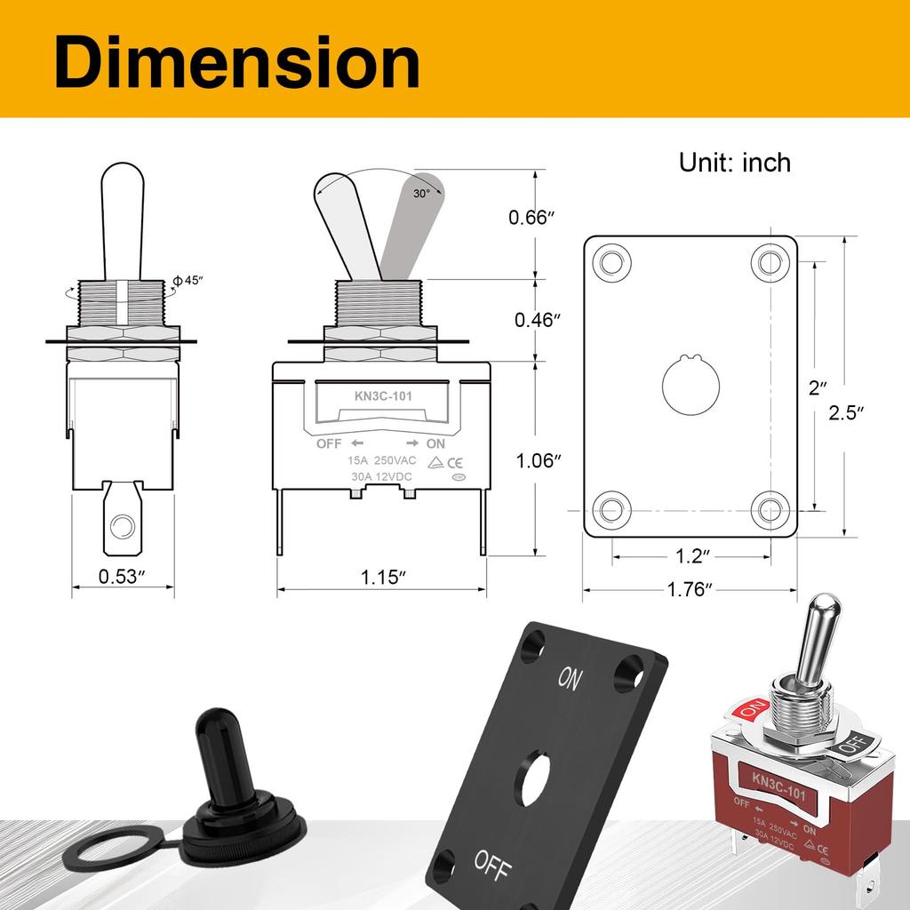 Waterproof Toggle Switch 12V DC 30A, Heavy Duty SPST 2 Pin On Off Switch with Mounting Panel, Boot Cover for Marine Automotive Car Boat RVs