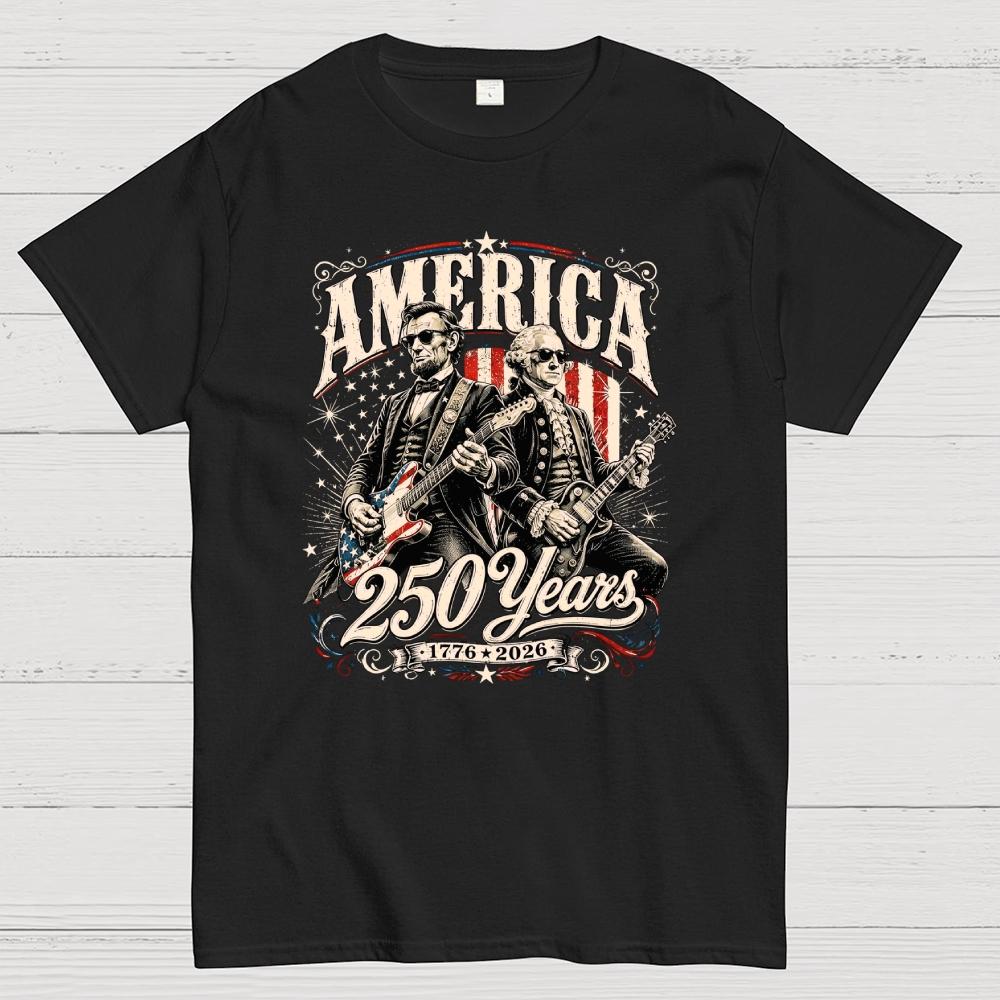 250 Years America Anniversary George Washington & Lincoln Playing Guitar Funny 4th of July Cotton Casual Cool Loose T-Shirt