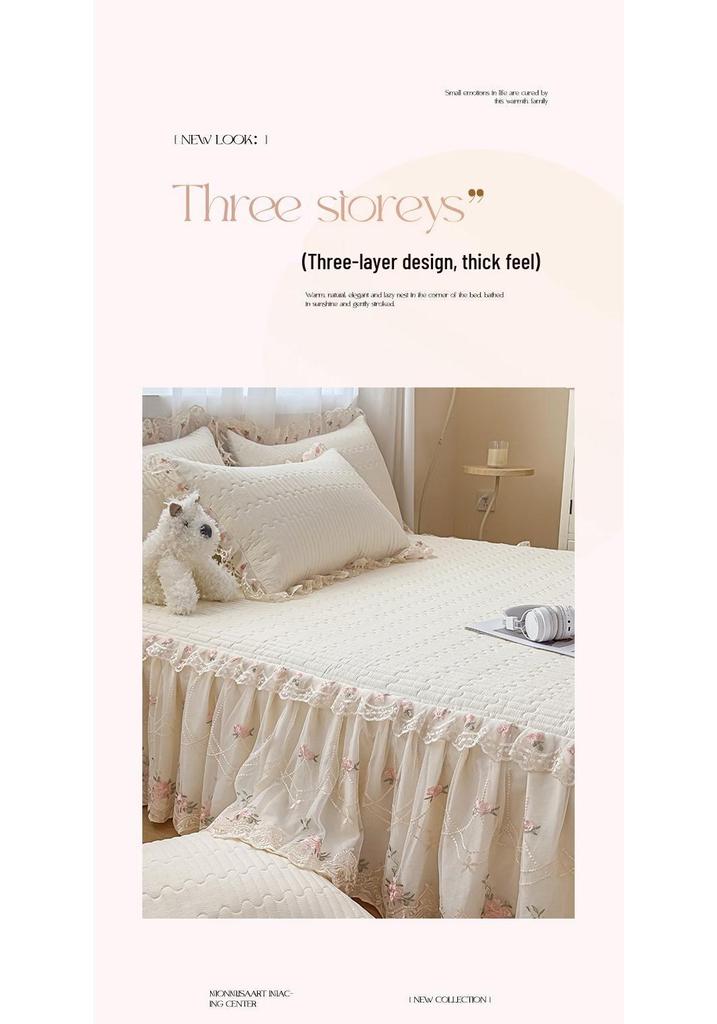 Korean Princess Crinkled Quilted Lace Bed Skirt: Thick Non-slip Mattress Protector