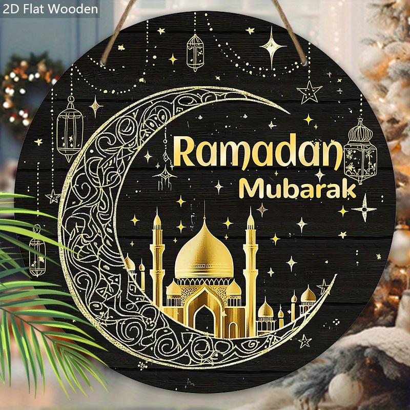 """Ramadan Mubarak" Mond & Moschee Holzschild, Runde Haustür Dekoration, Islamisches Wandbehang - Ideales Geschenk für Ramadan & Eid Feiern"""