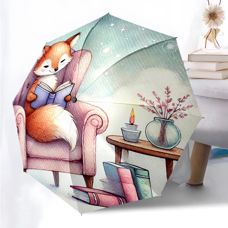 Animals Reading Themed Folding Umbrella Fashion Auto-Open 8 Iron Ribs Plastic Handle Foldable Sunshade Perfect Christmas Gifts