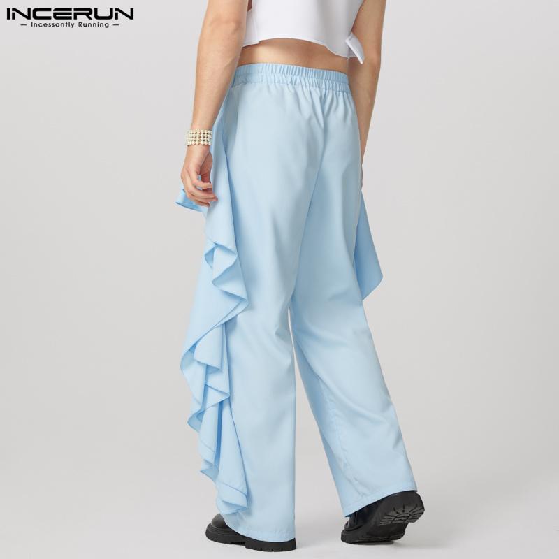 INCERUN Herrenhose mit elastischer Taille, einfarbig, unregelmäßige Rüschen, lange Hose
