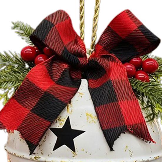 Christmas Bells Ornament Rustic Christmas Jingle Bell with Pine Needles Red Berries And Plaid Bow for DIY Holiday Door Window Tree Wreath Garland