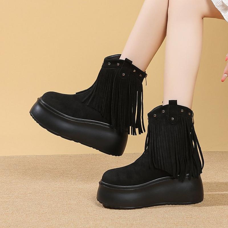 8CM Women Tassels High Heels Thick Platform Short Boots Chunky Leather Shoes Woman Autumn Winter Platform Motorcycle Boots Botas