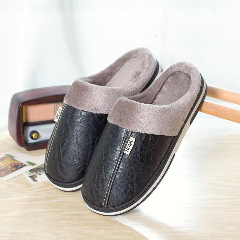 Women's Non-Slip PU Leather Indoor/Outdoor Slippers - Velvet-Lined Thick Sole for Autumn & Winter