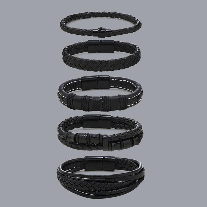 Mens Leather Braided Magnetic Multi-Layer Bracelet Set Geometric Style Unisex Handmade Jewelry