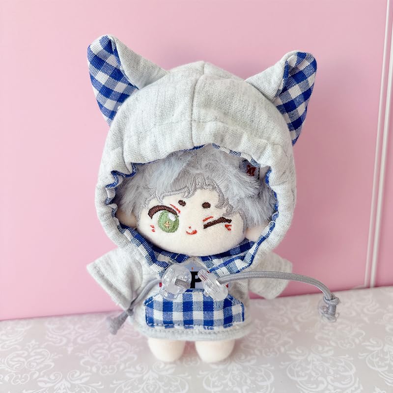 Plüschkleidung, Gingham-karierter Kapuzenpullover mit Katzenohren für 10 cm Plüschtiere, Grau, Oshikatsu-Artikel [Gebraucht]