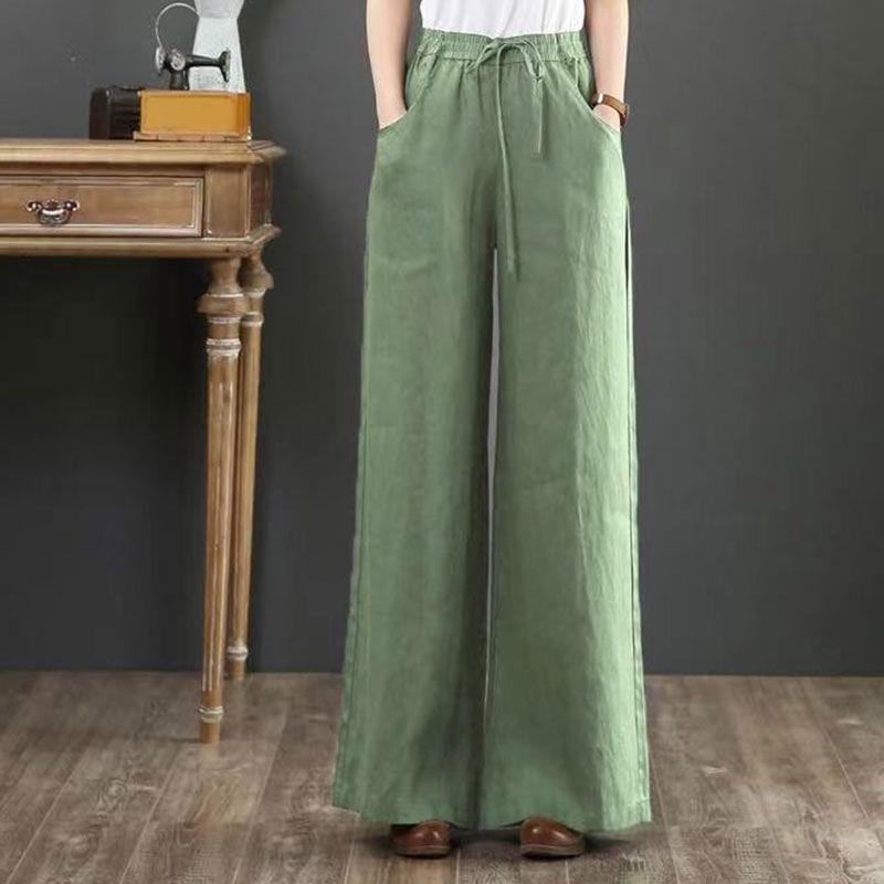 Cotton and Linen Straight Leg Wide Leg Pants for Women In Summer High Waisted Lace Up Loose Floor Length Pants