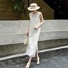 Lanseer Silk Embroidered Oblique Placket Midi Dress