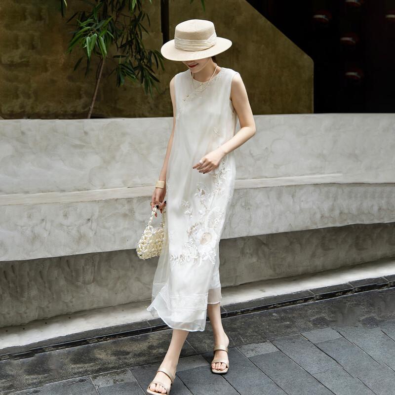 Lanseer Silk Embroidered Oblique Placket Midi Dress