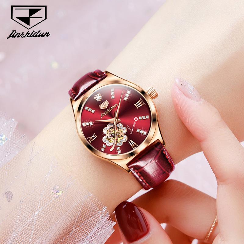 JINSHIDUN Brand Fashion Hollow Inlaid Diamond Four-leaf Clover Mechanical Watch Waterproof Women's Watch