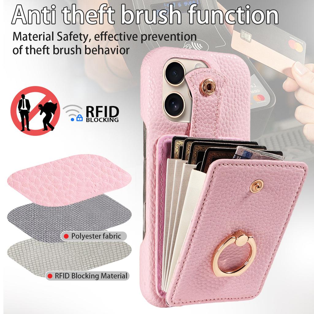 Litchi Texture PU Leather Wallet Case for iPhone 13 Pro Max, Accordion Card Holder with Ring Kickstand & Crossbody Strap, Shockproof Cover