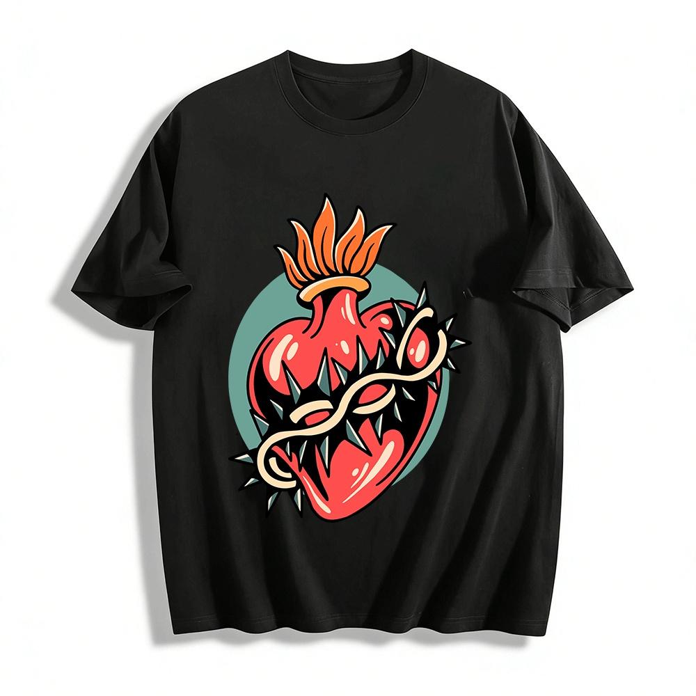 Vintage Flame Thorn Heart Print Tee Retro American Style Cotton Top Pure cotton T-shirt XXS