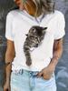 Cute Cat Print T-Shirt. Crew Neck Short Sleeve T-Shirt. Ca