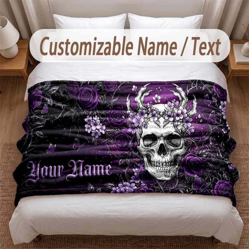 Skull Gothic Theme Soft Blanket Personalized Custom Name Text Print Warm Blanket Home Sofa Bedroom Decor