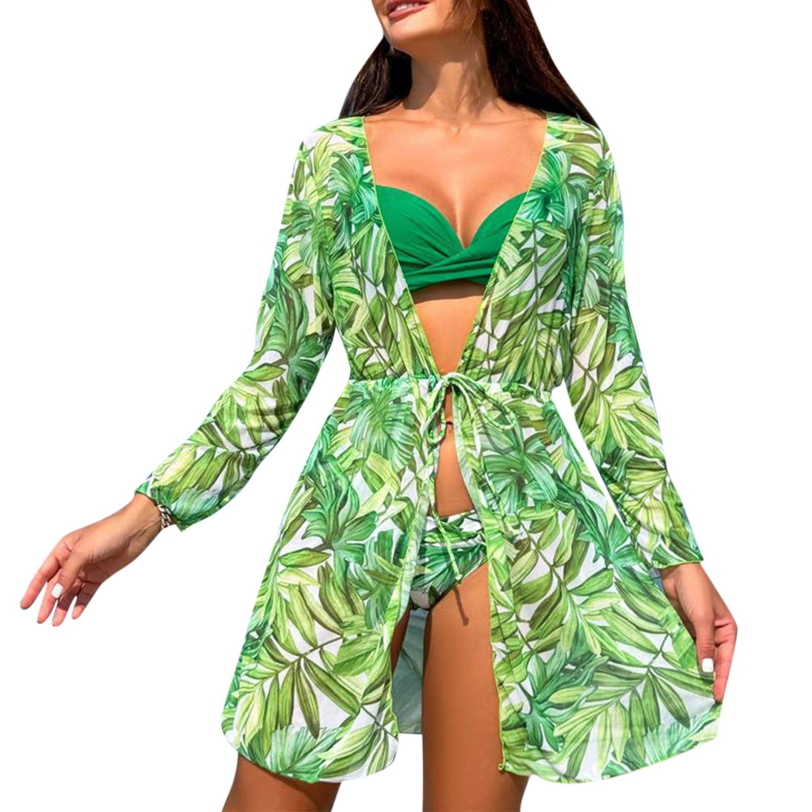 

Женский сексуальный купальник из двух частей, однотонный купальник с высокой талией и принтом, комплект из трех частей XL зелёный