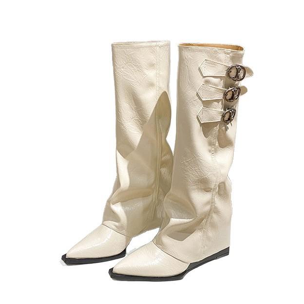 [Factory Spot] Pointed Inner Heightening Pants Boots Women's Belt Buckle White But Knee Boots Wedge Heel Knight