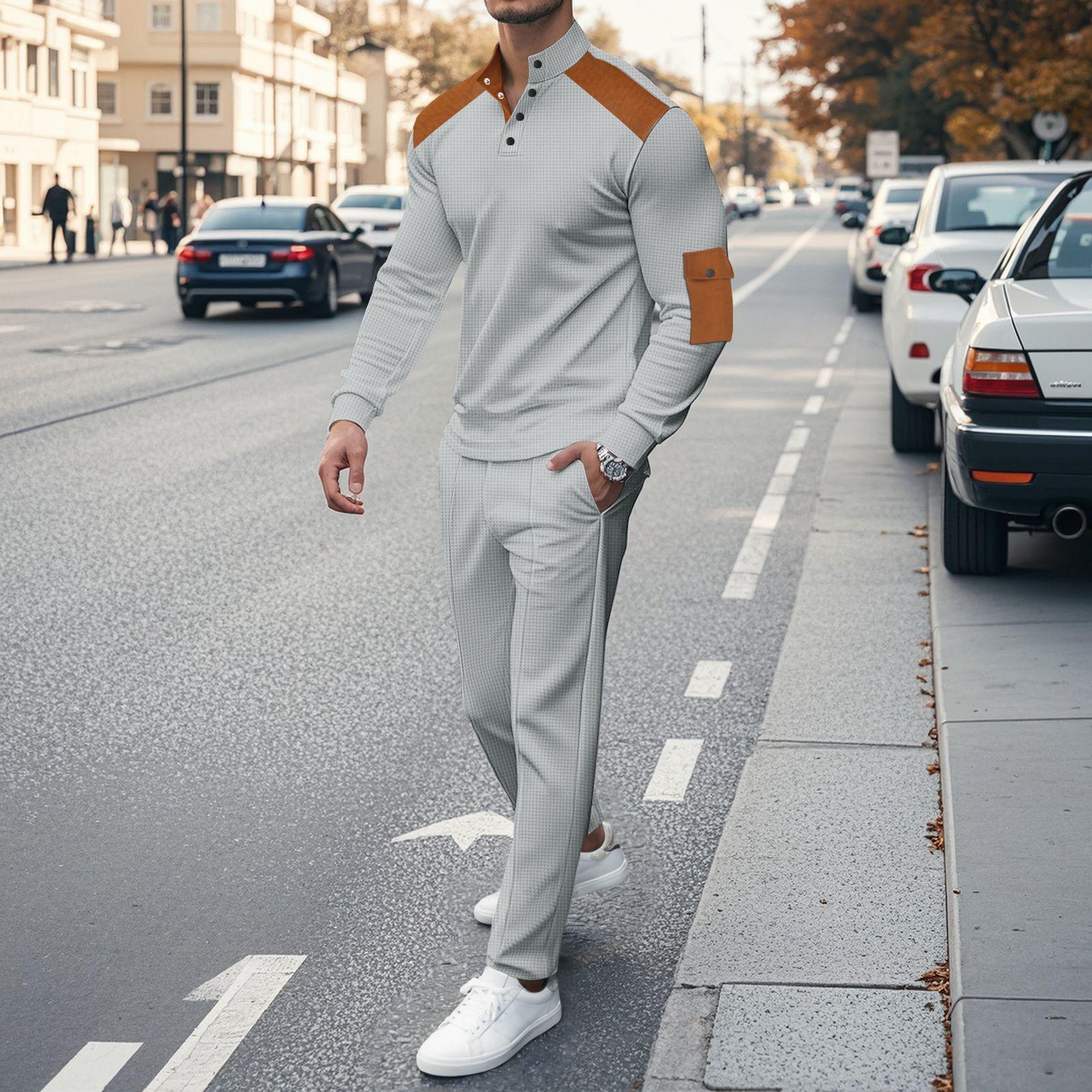 

Мужской топ с воротником-стойкой, кожаный, на пуговицах, с карманом, с длинным рукавом, повседневный спортивный комплект с брюками на кулиске XXXL