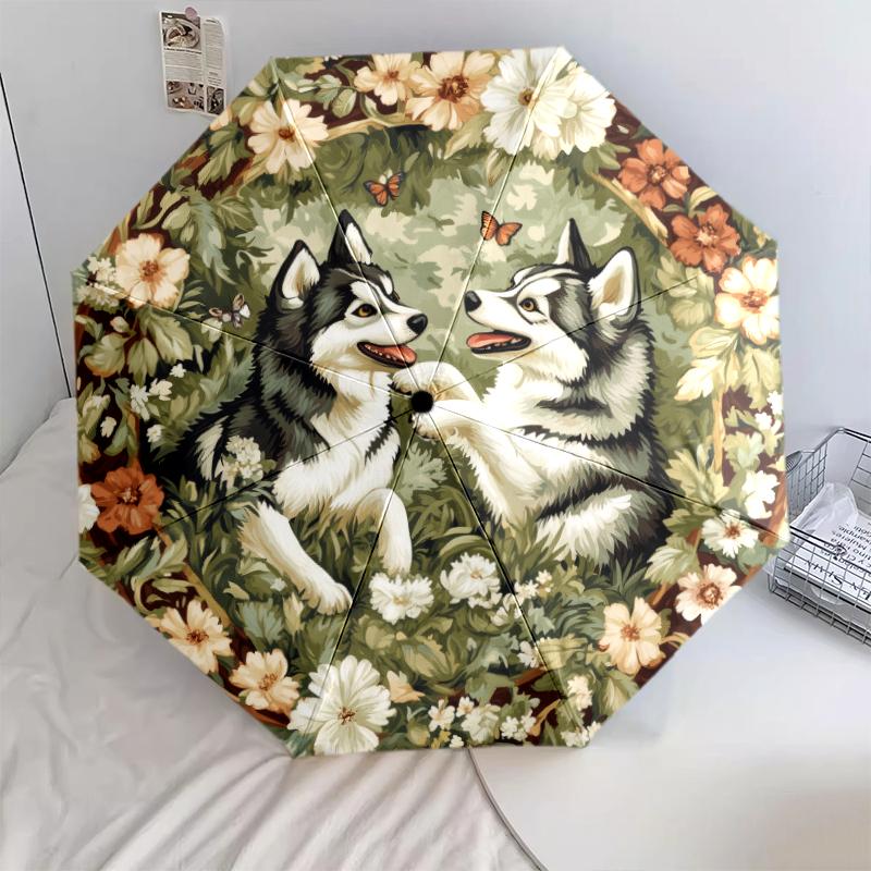 Husky and Grass pattern, automatic folding umbrella, portable and foldable design, 8 ribs, a Christmas or birthday gift.