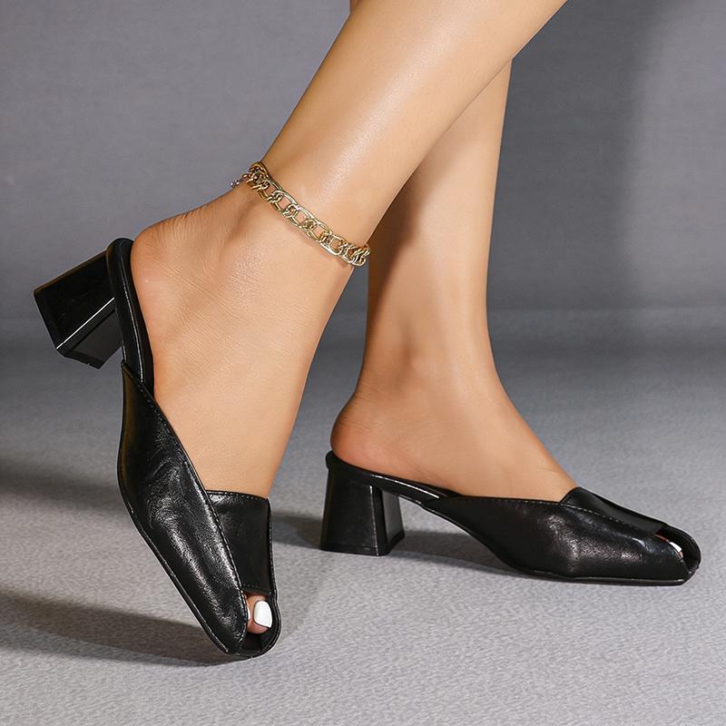 2026 Sommer Damen Pantoletten Sandalen Peep-Toe Absatz Pantoletten Schwarz Weiß Kleiderschuhe Quadratische Absätze 5cm Übergröße 42