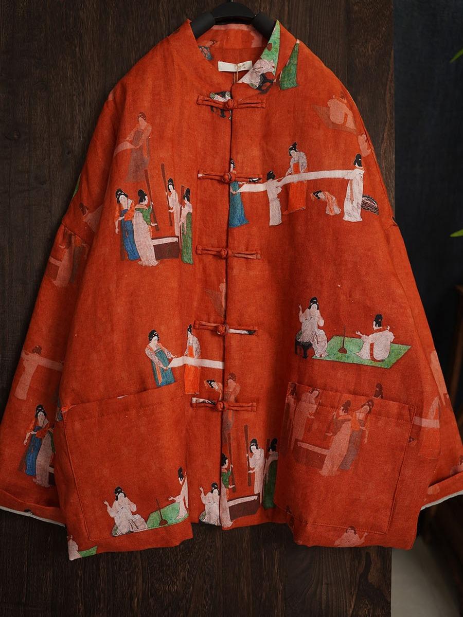 

Johnature Women Vintage Stand Long Sleeve Coats Spring Chinese Style Print Floral Button Pockets Coats One Size оранжевый