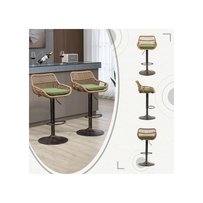 Tabouret de bar - MUVOE - Lot de 2 - Réglable en hauteur - Métal et rotin - Couleur verte