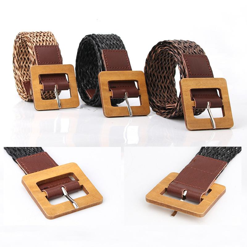 Womens Minimalist Pu Fabric Belt With Wooden Buckle For Chic Office And Casual Looks