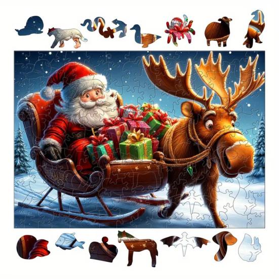 1 Set Puzzle din Lemn de Crăciun Vacanță de Iarnă Moș Crăciun Reni Sanie Puzzle Jucărie Educativă Decor pentru Casă