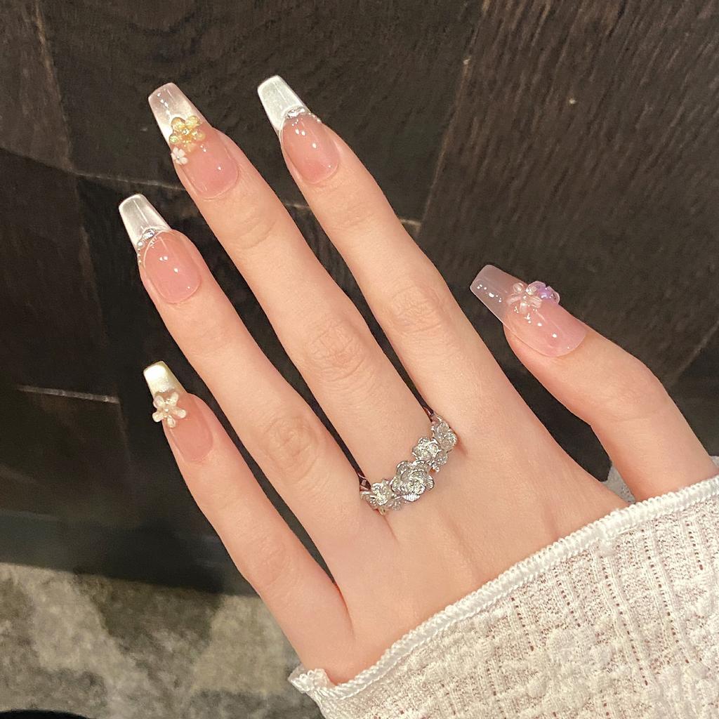 French Style Seven Color Cat Eye Crystal Flower Handmade False Nails 10PCS for Women