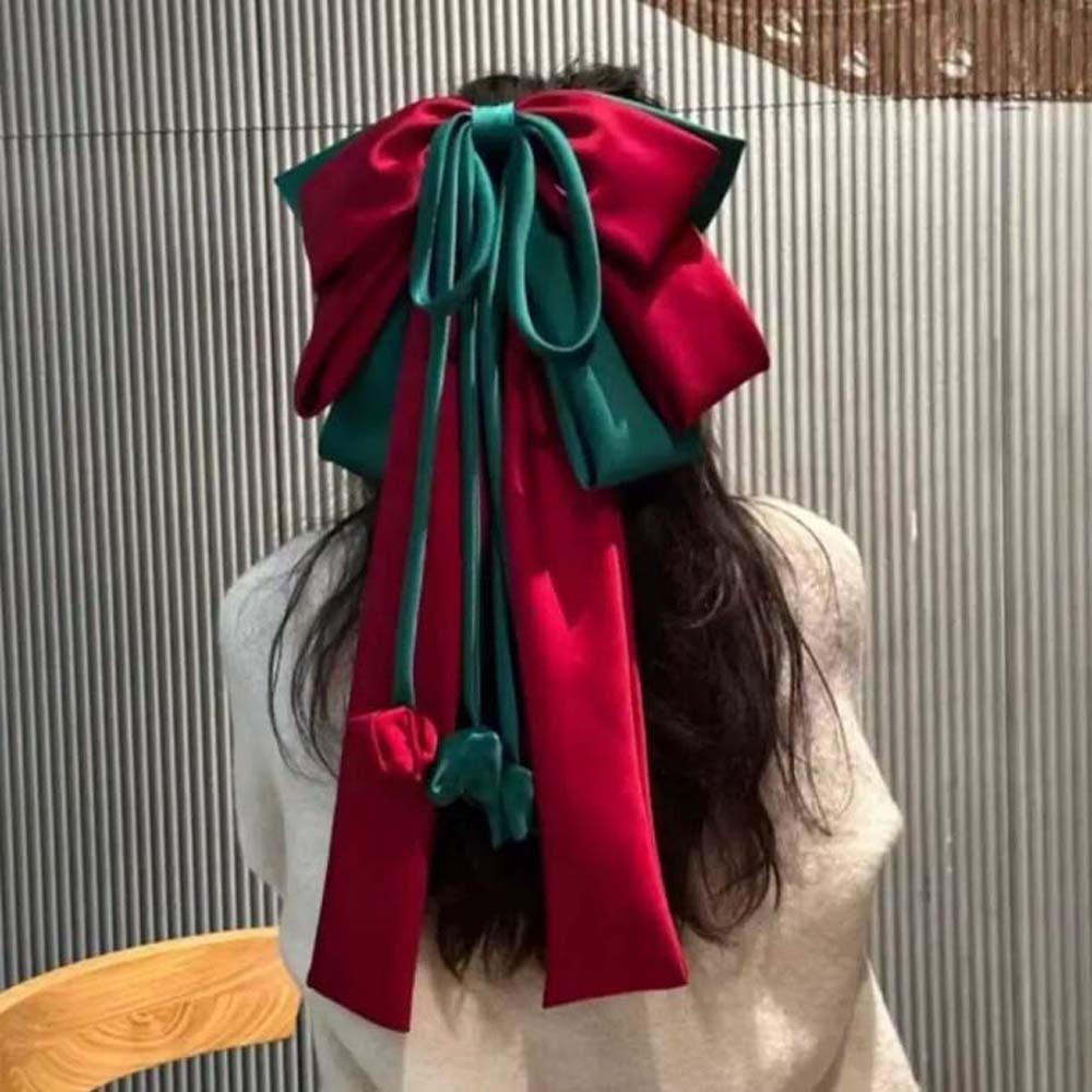 Contrast Color Oversized Bow Hair Clip Sweet Christmas Hair Accessory Satin Ribbon Headdress Daily