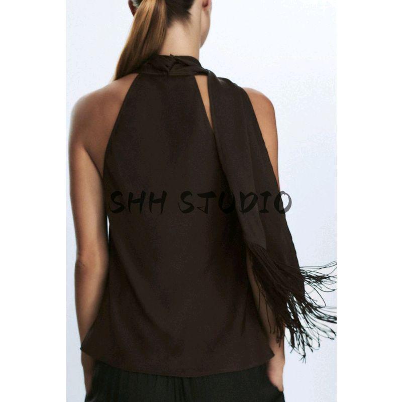 Fall Women's Clothing Sexy Draping Neckline Halter Spaghetti Straps Decorated Tassel Silk Satin Texture Tops 1165269