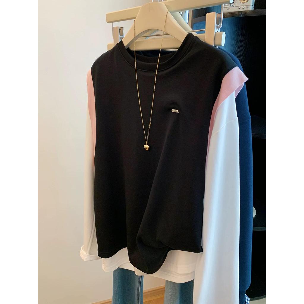 Women's Retro Color Block Long Sleeve Fake Two-Piece Top - Autumn/Winter Loose Fit