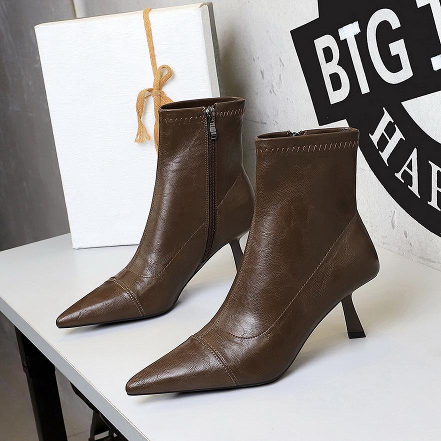 Autumn Winter Shoes Leather Boots Women Shoes Side Zipper Ladies Ankle Boots Pointed High-heeled Boot Stiletto Short Boots