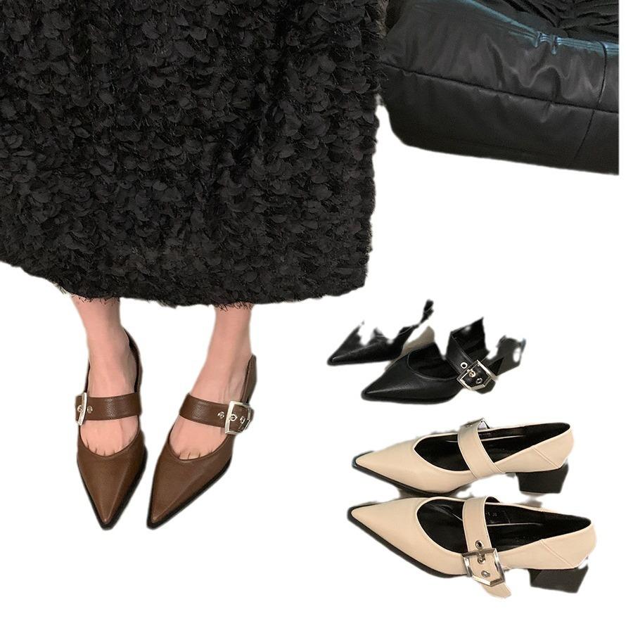 Retro pointed Mary Jane small leather shoes women's autumn and winter new French thick heel single shoes
