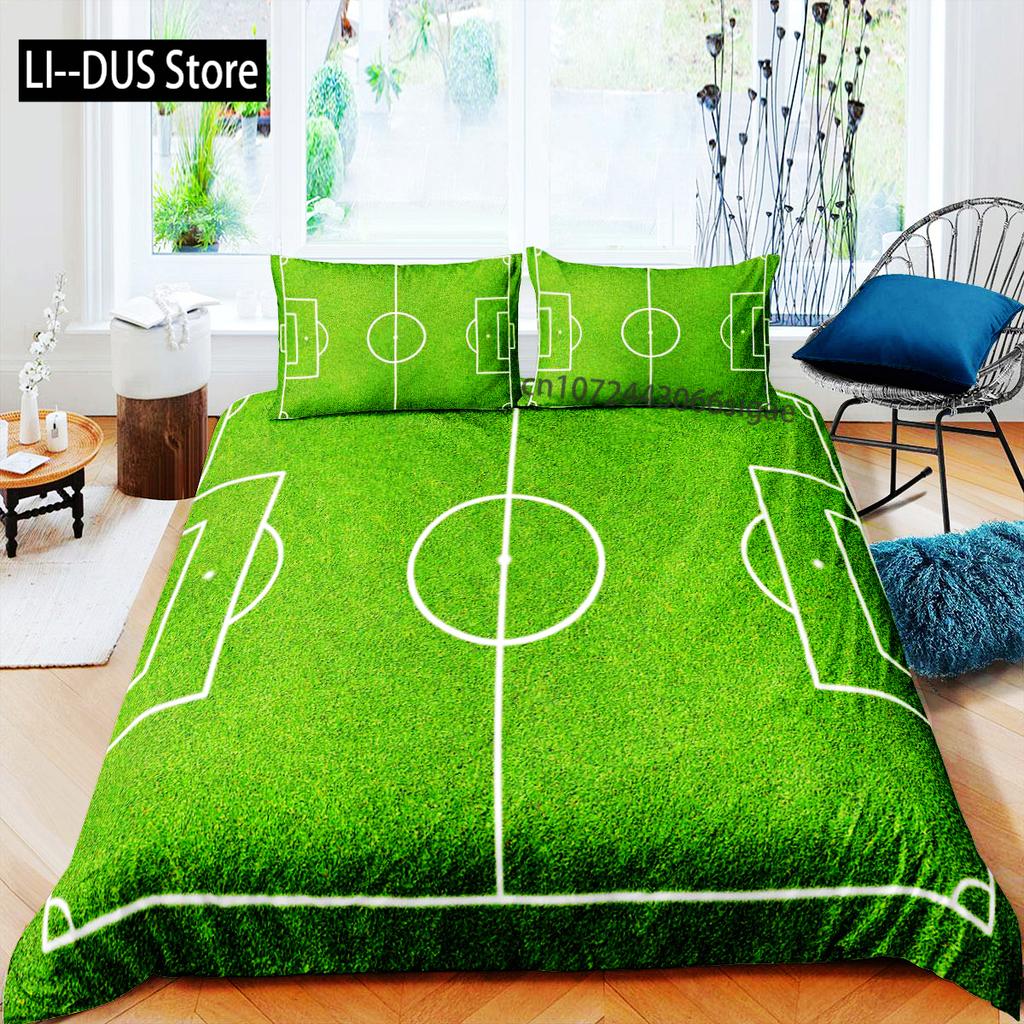 Green Football Field King Queen Duvet Cover Soccer Field Comforter Cover Boys Men Sport Games Bedding Set Polyester Quilt Cover