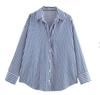 Women's Lapel Long Sleeve Loose Fit Striped Shirt Single Breasted Casual Oversized Blouse Top