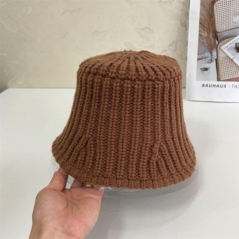 Solid color wool knitted jacquard flat top bucket hat women autumn and winter warm art college wind shade basin hat