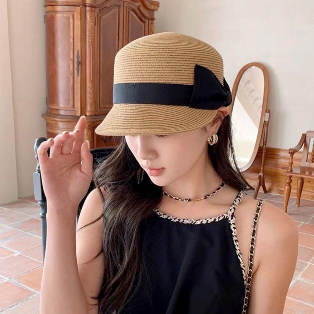 Grass Woven Shading Cap Bow Shaped Sun Hat Elegant Duckbill Hat  Summer