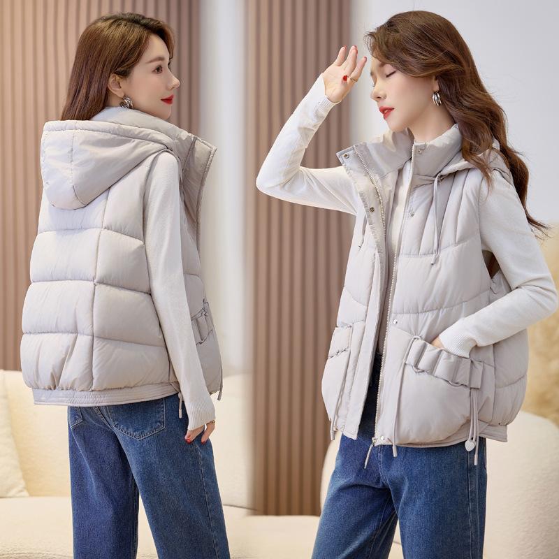 Nueva camiseta interior ligera sin mangas para mujer de otoño e invierno con capucha, color sólido, gruesa, cálida, deportiva, casual, holgada, chaqueta ligera